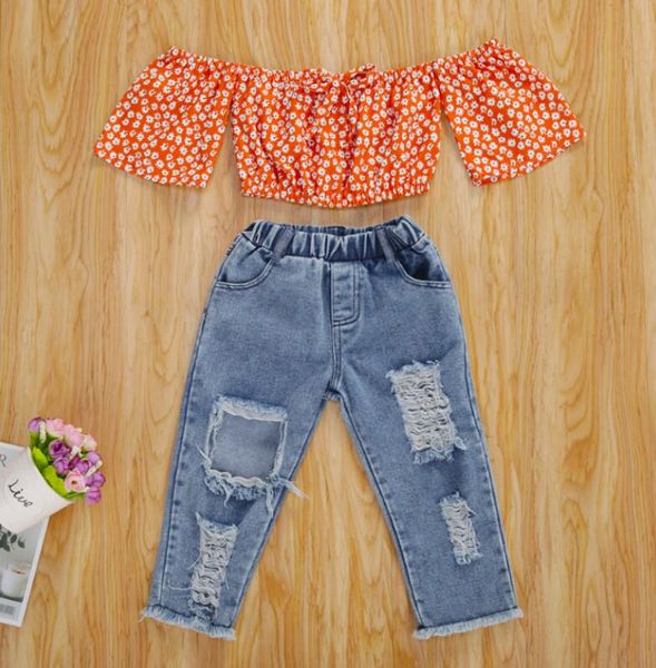Summer Toddler Designer Vêtements Ensembles Enfants Bébé Fille Vêtements Hors Épaule Orange Floral Imprimé Tops T-Shirt Denim Pantalon Tenues 2 Pcs