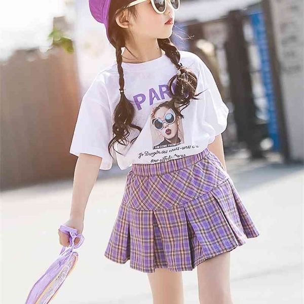 Conjunto de ropa para niña pequeña de verano Conjunto de regreso a la escuela Chándal para niños 4 de julio Traje Camisa blanca con estampado adolescente + falda 4 12 13 210326