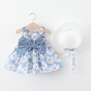 Zomer peuter meisje kleding baby meisje vest jurk prinses strandjurk grote boog bloem jurken hoed geboren kleding set 240518