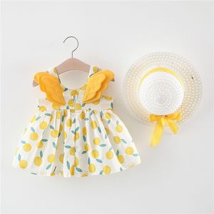 Zomer peuter meisje jurk kleding set baby strandjurken schattige boog plaid mouwloze katoenen pasgeboren prinses jurk+sunhat
