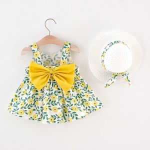 Zomer Peuter Baby Baby Kids Meisjes Sleeves Bretels Bloemen Gedrukt Beach Princess Party Jurk Hat Outfits Kleding # P4 Q0716