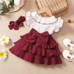 Été enfant en bas âge enfant filles robe douce vêtements contraste couleur à volants col rond manches volantes a-ligne gâteau robe + bandeau