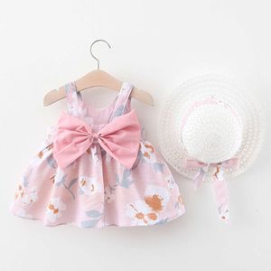 Zomer peuter nieuw babymeisje vest prinses strandjurk grote boog bloemjurken + hoed pasgeboren kleding set