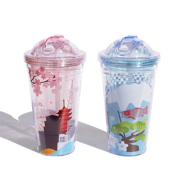Vuelas de plástico de Summer Tokyo Sakura con tapas y paja Vumor portátil de agua reutilizable Jugo de agua Milk Café 220509
