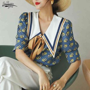 Top d'été Vintage Blouse Bleu Manches Bouffantes Col Chemise Femmes Lâche Designer Dames Cravate Mode Coréenne Vêtements Blusas 14636 210521