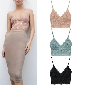 Top de verano Tubo de mujer Crop Pink Lace Correas finas ajustables Sexy Corset S Mujer Negro Verde Tanques básicos Camis 220325