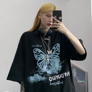 Zomer tops streetwear print vintage vlinder drop Koreaans zwart groot formaat harajuku korte mouw vrouwen t shirts 220602