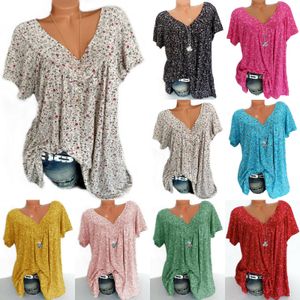 Zomer Tops Womens V-hals Floral T-shirts T-shirts Korte mouw Blouse Losse Tuniek Tops Plus Size