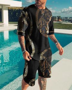 Summer Tracksuit Set European en American Oversized Mens Trend Casual Beach Style 3D Digital Printing T-Shirt Shorts Suit 240415