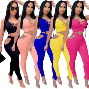 Women's Trainingspakken Zomer trainingspak Vrouwen Tweedelige Set Holle Crop Tops en Lange Broek 2 Joggers Sexy Sportkleding Outfits