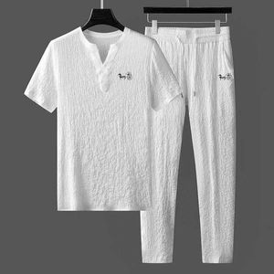 Été à la mode plissée en deux pièces pour hommes en coton mince et chanvre t-shirt à manches courtes