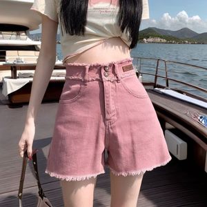 Zomer trendy veelzijdige roze denim shorts voor vrouwen rauw rand ontwerp hoge taille los rechte broek