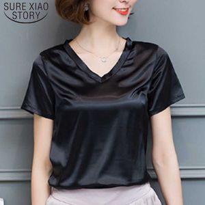 T-shirt d'été Sexy col en v à manches courtes chemise dames vêtements de mode arrivée T-shirt en soie noir hauts blancs 4605 210527