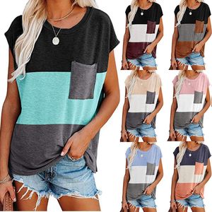 Tshirts d'été pour femmes Color Block Scoop Neck Shirts à manches courtes avec toit de poche