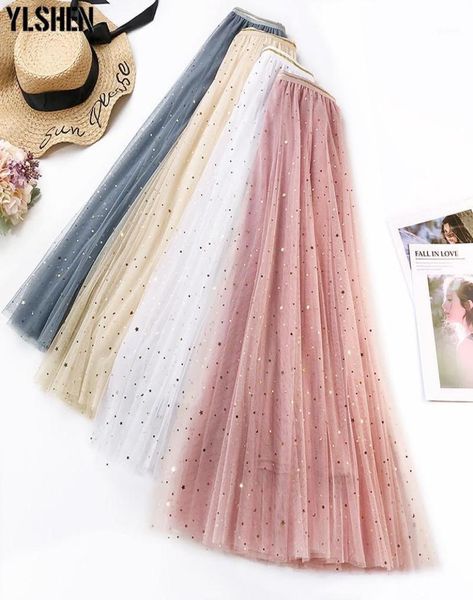 Été Tulle Jupe femmes taille haute Sexy maille étoiles mince Boho jupes femmes coréennes élégante Jupe longue Rok Jupe Tulle Femme 201918116836