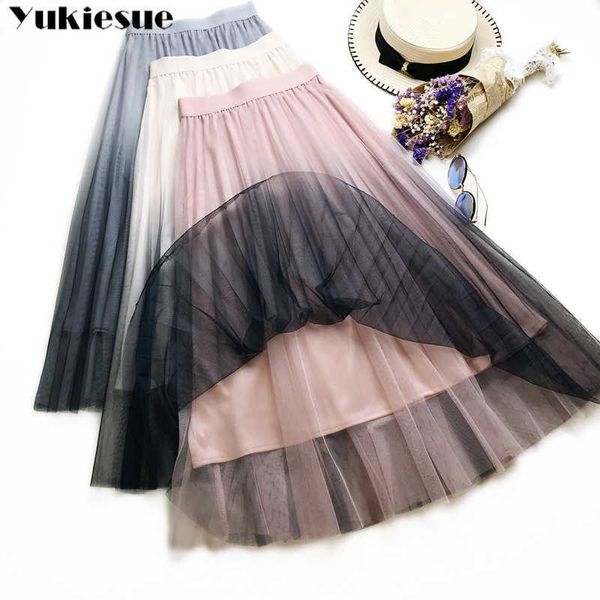 Été Tulle Jupes Femmes Mode Brillant 3 couches dégradé Tutu Plissé Long Midi Saias Faldas Jupe Femme 210608