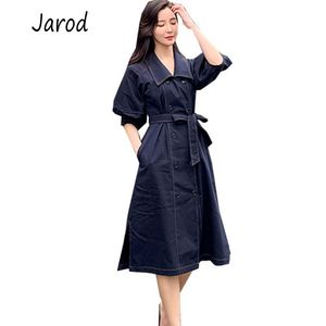 Zomer Turn Down Collar Big Swing Dress Dames Double-Breasted Riem Taille Jurken Puff Sleeve Solid Ol Casual Dress 210518