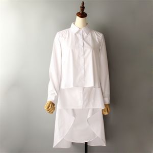 Zomer turn-down kraag lange mouw asymmetrische grote maat hoge kwaliteit shirt top losse trend vrouwen blouse QH324 210510