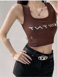 Zomer TVVovvin Fashion Metal Letter Racerback tanktop Dames slanke short cut Open Open navelstreng overlay URY6 240325