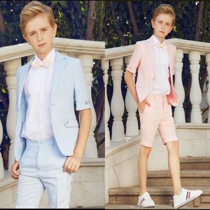 Zomer Tweede stuk Boy Formal Wear Wedding Party Tuxedos Short Sleeve Sky Blue Toddler Kids Boy's Suits goedkoop op maat gemaakte Brithday P 2592