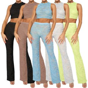 Designer de pantalons d'été à deux pièces 2023 femmes sexy triplées en tricot en perspective du top à top solides tenues de ruelle de rue
