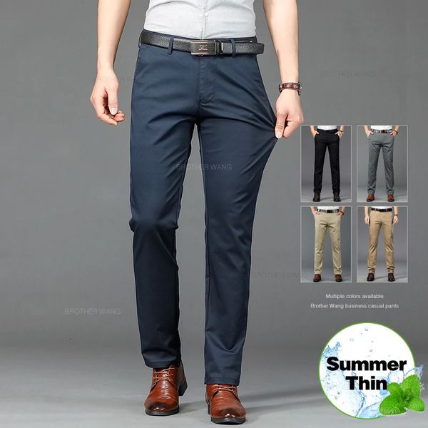 Pantalones casuales elásticos de verano de verano Summer Classic Bires de alta cintura recta Edición Solid Color pantalones Black Khaki 240506