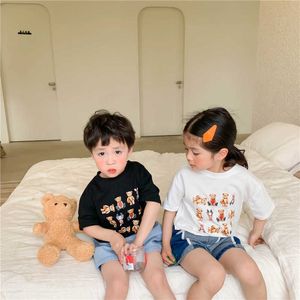 Summer unisex kids cartoon loose short sleeve Tees boys and girls cotton bear print T shirts Tops 210615