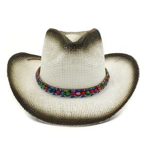 Zomer unisex brede rand zon papier stro jazz hoeden met gekleurde kralen decor strand cowboy cowgirl hoed reizen sunhat voor mannen vrouwen
