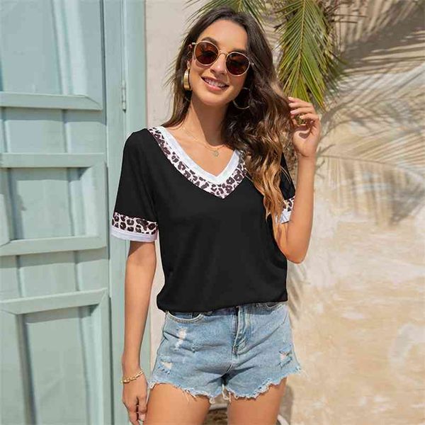 Camisetas de manga corta con cuello en V de verano para mujer, camisetas casuales de retazos con estampado de leopardo a la moda para mujer, camisetas holgadas negras de talla grande 210522