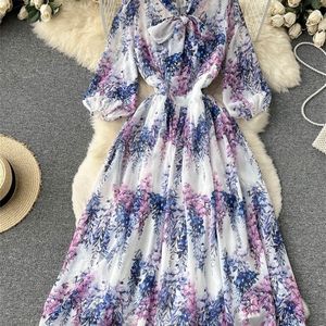 Summer Vacation Runway Flowy Robe En Mousseline De Soie Femmes Noeud Papillon Lanterne Manches Imprimé Floral Dames Élégantes Midi Party Vestidos 220526