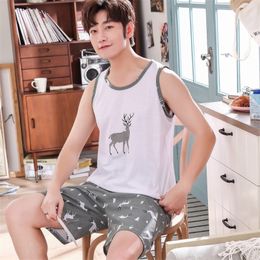 Zomer Vest Pyjamas Men Soft Cotton Sleep Mouwloze shorts Set Plus Size L-4XL Mens Sexy Sleepwear Pijamas HOMBRE T200813