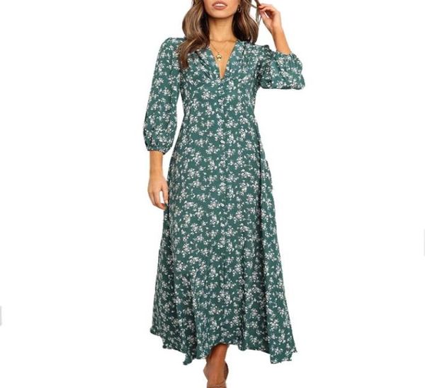 Verano Vintage Casual Sexy VCuello 34 Puff Mangas largas Verde fluido Azul marino Una línea Vestidos largos con estampado floral ajustados para mujer 4258213