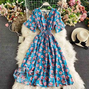 Zomer Vintage Chiffon Jurk Dames V-hals Slim Floral Printing Boho Es Vestidos Mujer Woman Midi Beach Robe 210525