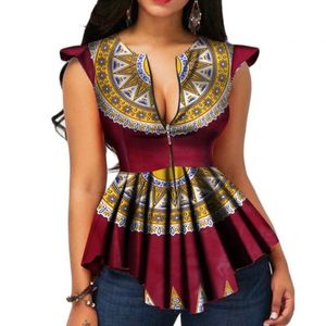 Été Vintage ethnique élégant rouge Africain Fashion Femmes Blouses Casual Black Slim Print Retro Chic Ruffles Tops