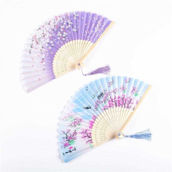 Été Vintage pliant bambou ventilateur pour fête faveur Style chinois tenu dans la main ventilateurs de fleurs danse mariage décor DAP175