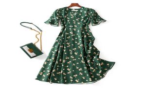 Zomer Vintage groene print achterste tie Chiffon Vneck Shortsleeve Slim Long Midi Wrap Tea Dress Casual 2021 Q07121071127