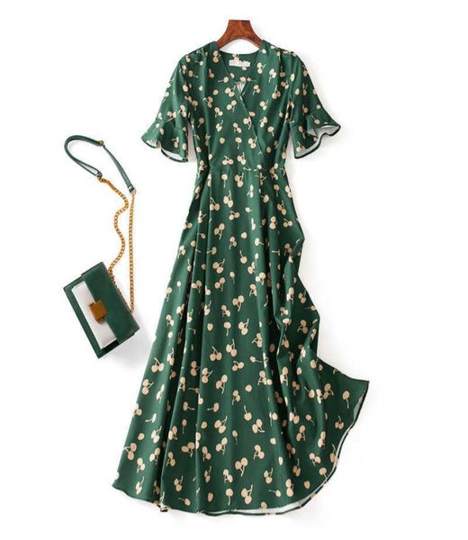 Été Vintage vert imprimé à l'arrière Tie en mousseline vneck shortsleeve slim long midi wrap tea robe décontractée 2021 Q07124209688