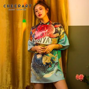Été Vintage Mini robe femmes col Mandarin Style chinois poisson imprimer une ligne vêtements courts 210427