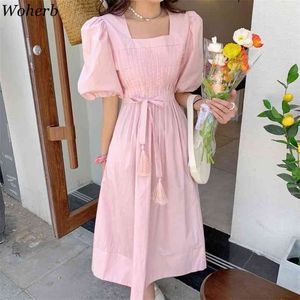 Zomer Vintage Roze Witte Jurk Dames Kawaii Sweet Short Puff Sleeve Jurken Koreaanse Chic Elegant Vestidos de Mujer 210519
