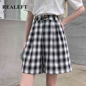 Été Vintage Plaid femmes demi-pantalon taille haute Chic jambe large costume femme pantalon ample poches 210428