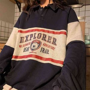 Zomer Vintage Polo Collar Losse Harajuku Hoodie Top Lange Mouw Teens Oversized Hoodies Dames Print Bear Sweatshirt Trendy 210805