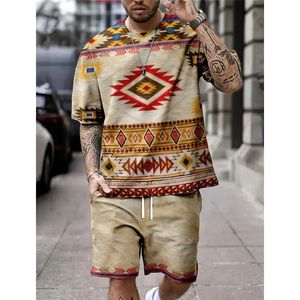 Summer Vintage Print Mens Tshirt Set Oneck ShortSleeved Top Men Style Street Style Oversize Graphic 2pcs Vêtements 240415