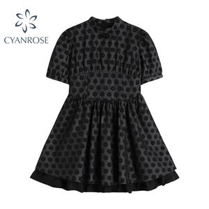 Zomer vintage print bladerdeeg korte mouw vrouwen jurk elegante Koreaanse stand kraag zoete stijl zwarte mini jurken vrouwelijke 210515