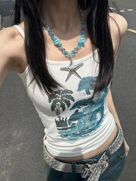 Zomer Vintage Strass Tank Tops Vrouwen Y2k Esthetische Streetwear Cropped Top Mouwloos Slank Sexy Basic Mode Causale Tanks 240229