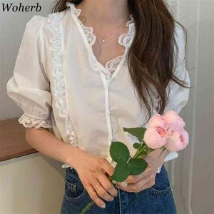 Zomer vintage wit shirt vrouwelijke kant patch elegante v-hals tops vrouwen blouses koreaanse chic alle match korte mouw blusas 210519