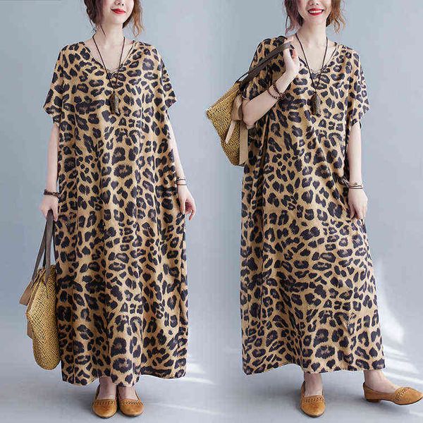 Vestido de leopardo de maternidad de manga corta con cuello en V de verano talla grande manga de murciélago mujer embarazada vestido de lino de algodón J220628