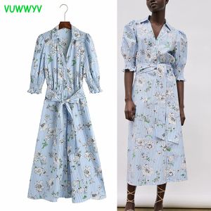 Verano VUWWYV azul estampado floral camisa vestido mujeres elegante rayas oficina midi mujer manga larga botón frontal cinturón vestidos 210430