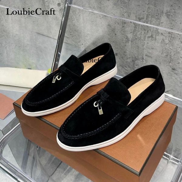 Zapatos para caminar de verano, mocasines para mujer, mocasines informales de cuero genuino de gamuza negra para hombre, zapatos planos con borlas y cierre de Metal, zapatos de conducción negros