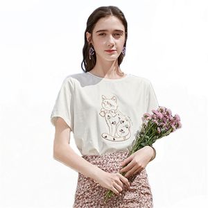 Été imperméable ample T-shirt femmes Style coréen décontracté chat imprimé manches courtes haut mince femme LR1284 210531