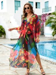 Vêtements d'été 2023 Femmes Floral Imprimé Caftan Turc Maillot De Bain Couvrir Sexy Robe De Plage En Mousseline De Soie Fluide Beachwear Coverups Q1559 240320